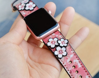 Sakura Apple Watch Band Series 8 41mm 45mm  Series 7 Series 6 Series 5 Series 3 Series 2 Series 1, 38mm,40mm,42mm,44mm, Handmade Leather