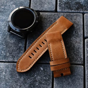 Crazy Horse Cowhide Tan Brown Cream Stitching Leather Strap for Garmin
