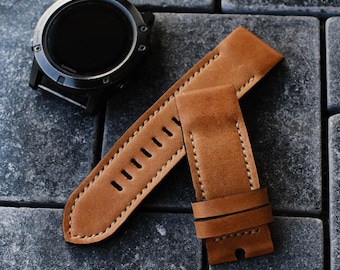 Crazy Horse Cowhide Tan Brown Cream Stitching Leather Strap for Garmin