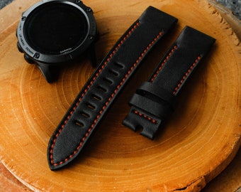 Zwart leren Garmin-horlogeband, rode stiksels, snelle pasvorm