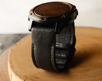 Crazy Horse Cowhide Black Leather Strap with Black Stitching for Garmin
