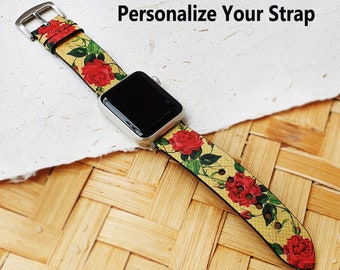 Handmade Leather Apple Watch Band with Rose Garden Design
