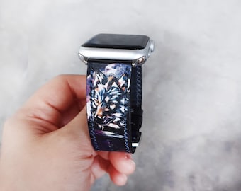 Wolf Apple Watch Band Series 8 41mm 45mm Series 7 Series 5 Series 4 Series 3 Series 2 Series 1, 38mm,40mm,42mm,44mm, Handmade Leather