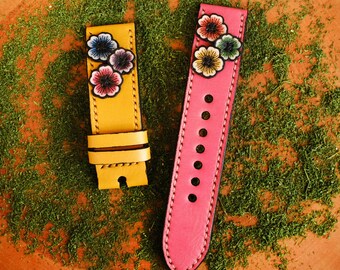 Cinturino Fitbit in pelle fatto a mano con dettagli floreali - Versa, Sense, Charge