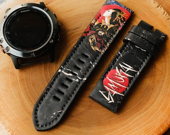 Handgemaakte leren QuickFit-band voor Garmin, samurai-ontwerp