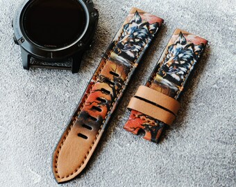 Garmin Leather Watch Strap, Wolf Design, Quick Fit
