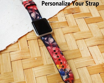 Handmade Leather Apple Watch Band, Butterfly Print, Personalized Strap