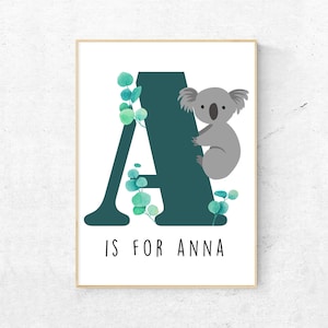 Koala carta vivero impresión A-Z, personalizado personalizado bebé regalo cartel para niño o niña