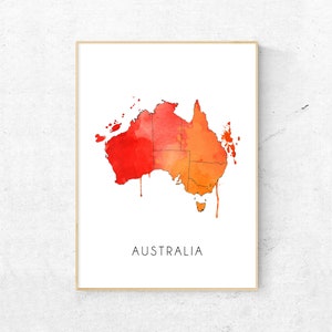 Australië kaart aquarel print, Australië afdrukbare reisgeheugenkaart