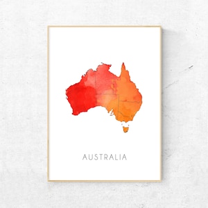 Australië kaart aquarel print, Australië afdrukbare reisgeheugenkaart
