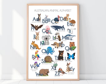 Póster del alfabeto australiano de animales para niños, decoración de guarderías y habitaciones infantiles (descarga digital)