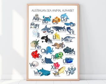 Lámina del alfabeto de animales marinos australianos, arte de pared para guardería (descarga digital)