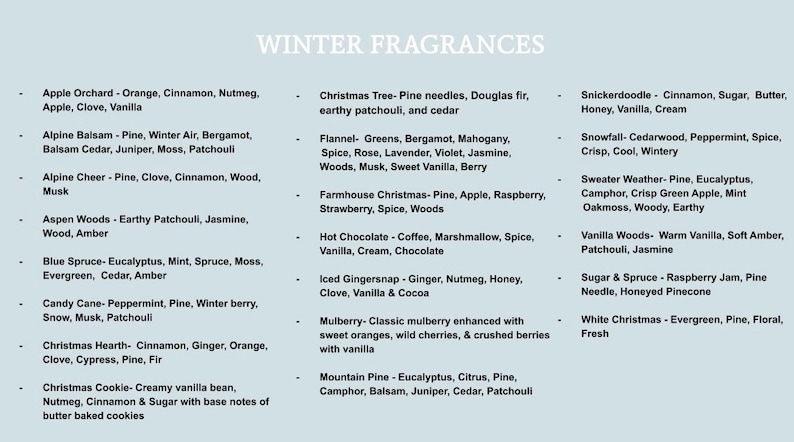 Op de afbeelding: Een lichtblauw informatief overzicht getiteld WINTER FRAGRANCES met een lijst van diverse geurprofielen. De tekst bevat namen zoals Apple Orchard, Alpine Balsam, Alpine Cheer, Aspen Woods, Blue Spruce, Candy Cane, Christmas Hearth, Christmas Cookie, Christmas Tree, Flannel, Farmhouse Christmas, Hot Chocolate, Iced Gingersnap, Mulberry, Mountain Pine, Snickerdoodle, Snowfall, Sweater Weather, Vanilla Woods, Sugar & Spruce en White Christmas met hun ingredi&euml;nten.