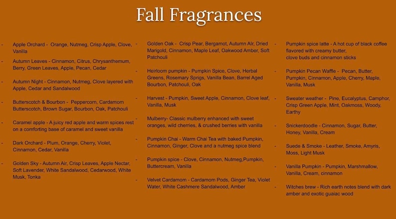 K&ouml;nnte beinhalten: Eine gebrannte orangefarbene Informationstabelle mit dem Titel Fall Fragrances, die verschiedene Duftprofile auflistet. Der Text beschreibt Kombinationen wie Apple Orchard, Autumn Leaves, Pumpkin Spice Latte und Witches Brew mit Zutaten wie Zimt, Nelke, Vanille und Zedernholz.