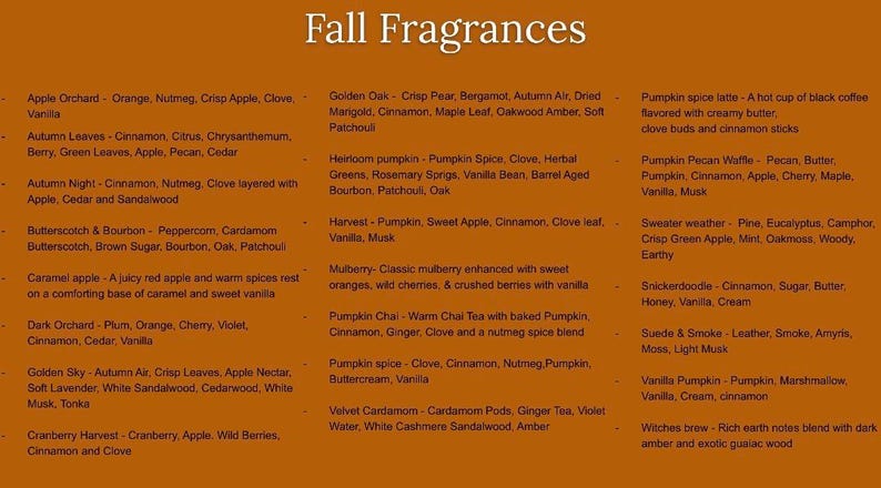 Op de afbeelding: Een oranje informatiekaart met de titel Fall Fragrances met een lijst van verschillende geurprofielen, waaronder Apple Orchard, Autumn Leaves, Autumn Night, Butterscotch & Bourbon, Caramel Apple, Dark Orchard, Golden Sky, Cranberry Harvest, Golden Oak, Heirloom Pumpkin, Harvest, Mulberry, Pumpkin Chai, Pumpkin Spice, Velvet Cardamom, Pumpkin Spice Latte, Pumpkin Pecan Waffle, Sweater Weather, Snickerdoodle, Suede & Smoke, Vanilla Pumpkin en Witches Brew.