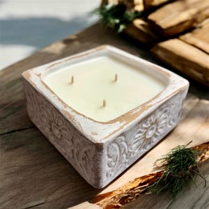 Floral Clay Vessel Candle: 16oz, 3 Wick, Soy Blend, Citronella, Outdoor Candle, Patio Decor, Gift, Home Decor, Fragrance, House Warming