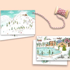 Kerstkaarten winter wonderland, skigebied en schaatsen in de bergen illustratie
