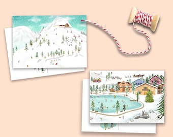 May include: Two illustrated postcards featuring a winter scene. The first postcard shows a snowy mountain with skiers and a ski lift. The second postcard shows a village with a frozen lake and ice skaters.