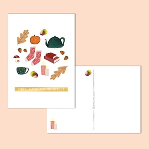 prenez soin de vous carte avec des éléments d'automne - guérissez-vous bientôt