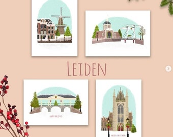 LEIDEN Kerstkaarten Winter in Leiden, los of set van 4 verschillende kaarten