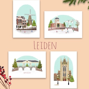 LEIDEN Kerstkaarten Winter in Leiden, los of set van 4 verschillende kaarten
