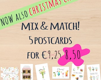 Mix & Match! Kies 5 kaarten en betaal minder! Alle combinaties mogelijk, kerst, verjaardag, bedankt etc.