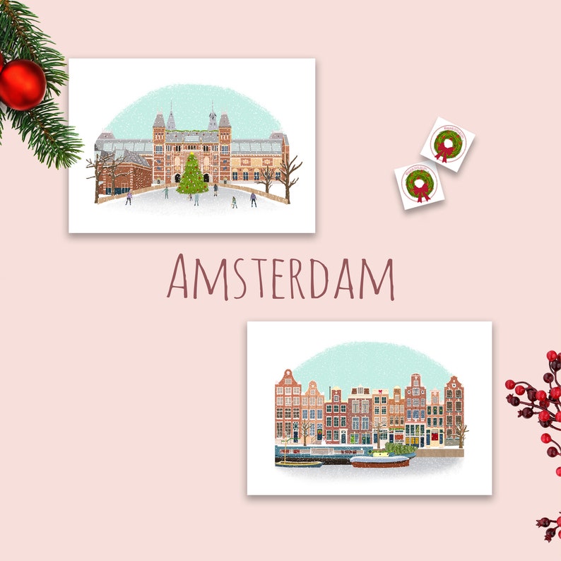 AMSTERDAM Cartes de Noël L'hiver à Amsterdam, simple ou ensemble de 2 cartes différentes image 1
