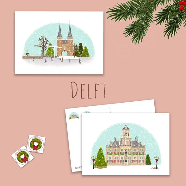 DELFT kerstkaarten Winter in Delft, los of set van 2 kaarten