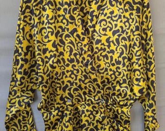 Vintage 1980s Yellow & Black Baroque Print Satin Blouse