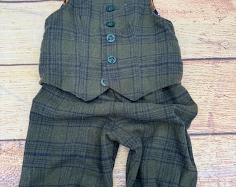 Conjunto de pantalones y chaleco de tweed verde y azul marino, conjunto de tiro para niños.