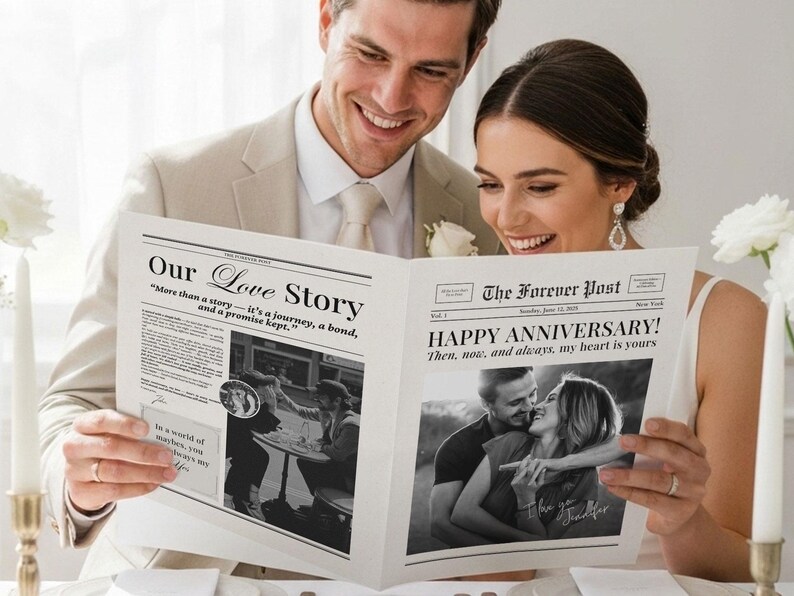 Op de afbeelding: Een lachend stel houdt een krantachtige print vast met de koppen "Our Love Story" en "Happy Anniversary!". De print bevat een zwart-wit foto en tekst. De print is in de stijl van een krant.