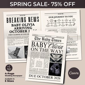 Pregnancy Announcement Newspaper Canva Template, Baby Announcement, Large Baby Shower Newspaper, Printable Newspaper Reveal, Photoshoot