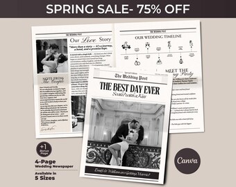 Vintage Wedding Newspaper Program Template, Editable Canva (Digital Download)