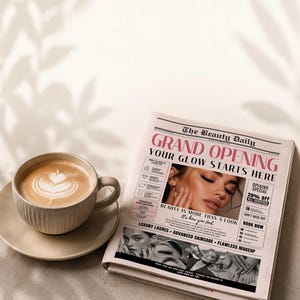 以下が含まれることがあります： 「The Beauty Daily」というタイトルの新聞と「Grand Opening, Your Glow Starts Here」という見出しが、ラテアートが施されたコーヒーカップの隣にあります。 新聞には美容関連の内容と特別オファーが掲載されています。