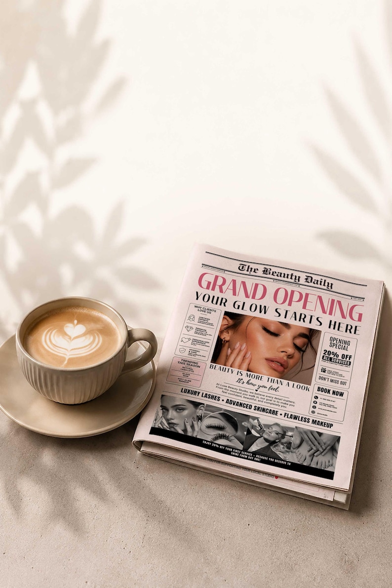 以下が含まれることがあります： 「The Beauty Daily」というタイトルの新聞と「Grand Opening, Your Glow Starts Here」という見出しが、ラテアートが施されたコーヒーカップの隣にあります。 新聞には美容関連の内容と特別オファーが掲載されています。