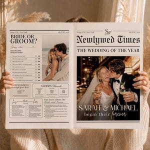 May include: A newspaper-style wedding announcement titled "Newlywed Times" with the headline "The Wedding of the Year." The announcement features photos of the couple, Sarah and Michael, and includes the text "begin their forever."