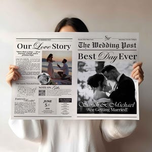 Puede incluir: Un anuncio de boda estilo periódico con el titular "Best Day Ever". El diseño en blanco y negro presenta fotos de la pareja y el texto "Sarah & Michael Are Getting Married!"