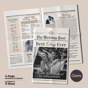Wedding Newspaper Template with Photo, Wedding Newspaper Template, Wedding Program, Newlywed Times, Editable Newspaper Itinerary, Marriage