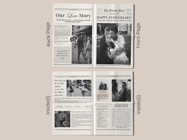 Op de afbeelding: Een zwart-wit krantenprint met de kop "HAPPY ANNIVERSARY!" en de tekst "Our Love Story". De voorpagina toont een stel dat elkaar omhelst. Binnenpagina's met foto's en tekst.