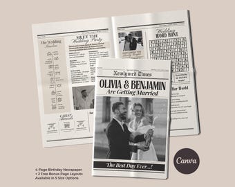 Editable Wedding Newspaper Template, Photo Program, Newlywed Times