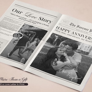 Op de afbeelding: Zwart-wit krantenprint met de koppen "Our Love Story" en "Happy Anniversary!" met foto's van een stel. De tekst bevat de zin "More Than a Gift, It's a Love Letter in Print."