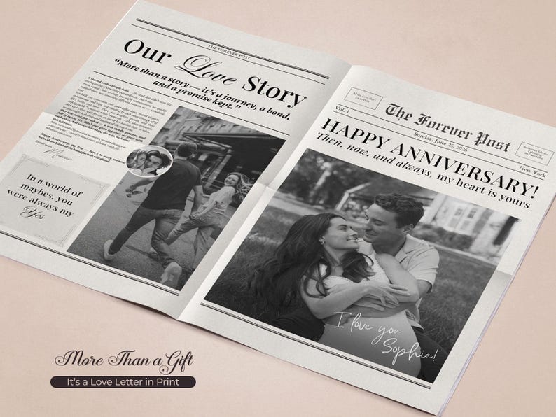 Op de afbeelding: Zwart-wit krantenprint met de koppen "Our Love Story" en "Happy Anniversary!" met foto's van een stel. De tekst bevat de zin "More Than a Gift, It's a Love Letter in Print."