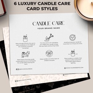 Plantilla editable de tarjeta para el cuidado de velas, instrucciones imprimibles para velas, guía para el cuidado de velas, folletos de velas para pequeñas empresas, tarjeta para el cuidado de velas (hazlo tú mismo)