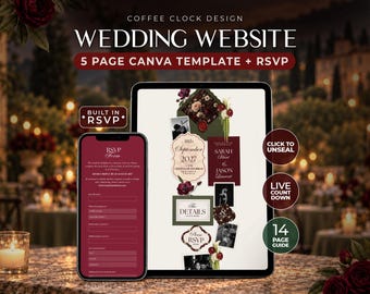 New Launch Discount | Wedding Website Template with RSVP | Olive Green & Burgundy Old Money Canva Website | Animated Digital Invitation