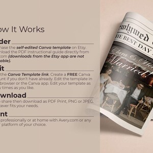 May include: A newspaper-style wedding announcement with the headline "Newlywed Times: The Best Day Ever." The announcement features a photo of a couple and the text "Clara & Henry are getting Married!" Instructions for editing and printing are also included.