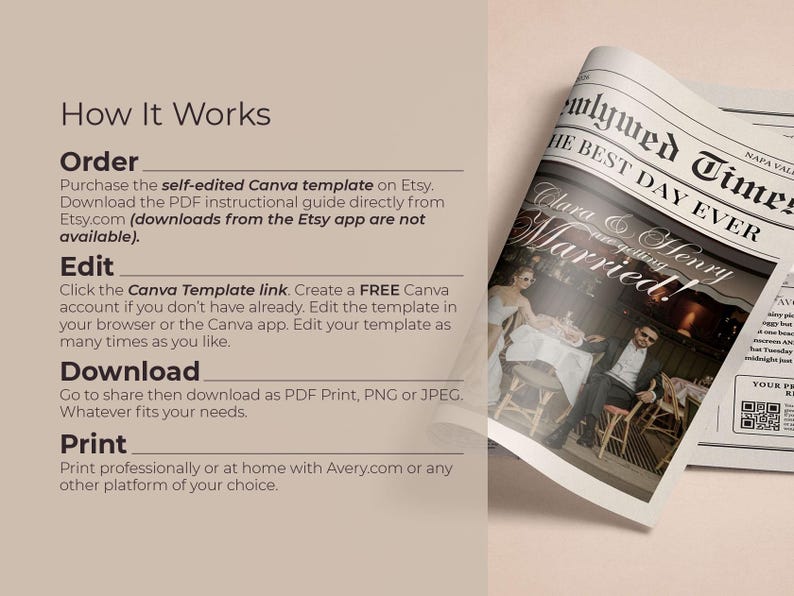 May include: A newspaper-style wedding announcement with the headline "Newlywed Times: The Best Day Ever." The announcement features a photo of a couple and the text "Clara & Henry are getting Married!" Instructions for editing and printing are also included.