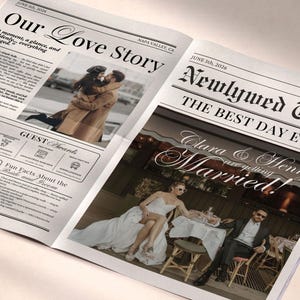 May include: A newspaper-style wedding announcement with the headline "Our Love Story" and "Newlywed Times." The announcement includes photos of the couple and the text "Clara & Henry are getting Married!"