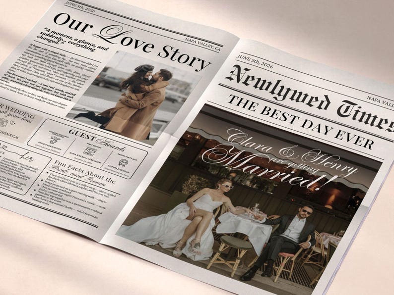 May include: A newspaper-style wedding announcement with the headline "Our Love Story" and "Newlywed Times." The announcement includes photos of the couple and the text "Clara & Henry are getting Married!"