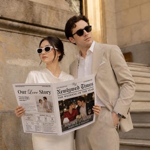 May include: A couple in sunglasses poses with a newspaper titled "Newlywed Times" and "Our Love Story." The newspaper features wedding photos and the headline "The Wedding of the Year." The man wears a tan suit, and the woman wears a white dress.