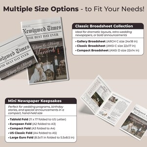 May include: Newspaper keepsakes with the headline "Newlywed Times" and the text "The Best Day Ever." The image shows various sizes, including a folded newspaper and an open newspaper. The text also lists different fold options.